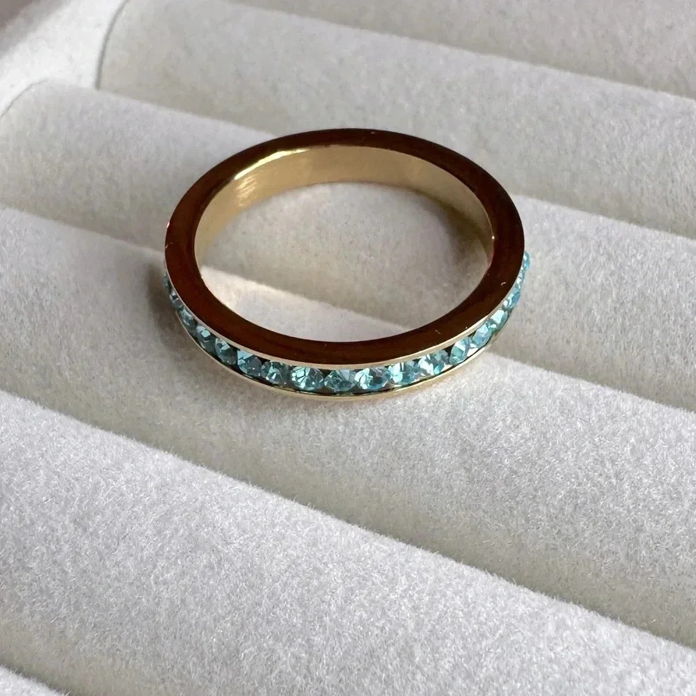 Aquamarine Colored CZ 18k Gold Stainless Steel Band Ring March Birthstone Blue - Picture 3 of 9